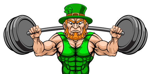 Leprechaun cartoon sports mascot weightlifter character lifting very large barbell weight