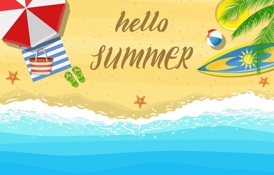 Hello Summer banner. Top view of Summer beach with sun umbrella, ball , picnic mat, bag and sea wave on sandy beach