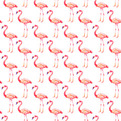 Pink flamingo on white background. Seamless pattern, watercolor textile design