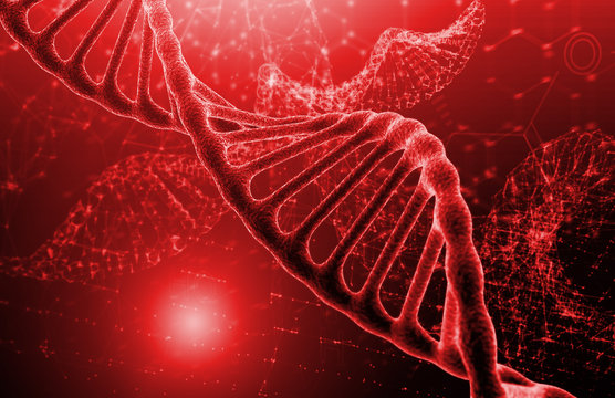 DNA molecule structure on red texture background. Biochemistry concept