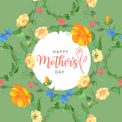 Mother s day greeting card with blossom flowers. Beautiful seamless design with typography. Garden plants with leaves.