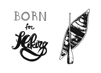 navy illustration with Born for Hiking sign and sketchy canoe beside it.