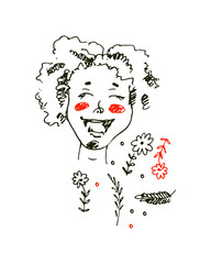 sketchy illustration of smiling curly girl decorated with flowers and cute dots. body positive image.