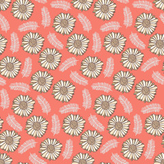 Cute coral floral seamless pattern with light yellow flowers and white leaves. Lovely botanical texture with cute blossoms for textile, wrapping paper, surface, wallpaper, background
