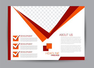 Landscape wide flyer template. Billboard banner abstract background design. Business, education, presentation, advertisement concept. Red and orange color. Vector illustration.