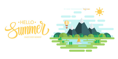 Hello Summer banner with hand drawn lettering. Summer landscape with sun, mountains, clouds, hot air balloon, airplane, yacht. Summertime background. Flat design vector illustration.