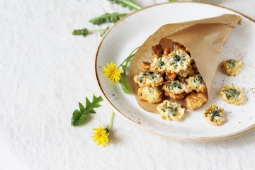 dandelion flowers fried in deep fried. Recipes from dandelion. organic healthy food. spring recipe. dishes from the first green.