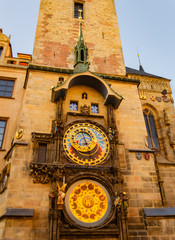 Historic landmark Astronomical Clock on the tower in Prague. Tourist popular place in the Czech Republic
