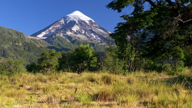 Nature of Argentina in Lanin National Park, Lake District. Lanin volcano is seen in the background. UHD