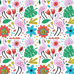 Hand drawn seamless background with flamingo and flowers.Pattern with cute design. Scandinavian style design. Vector illustration