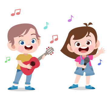 kids sing play guitar vector illustration