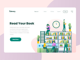 Girl reading a book, library website or online book shop website mobile site concept, modern web banner header, vector flat style illustration.