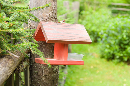 Wooden bird feeder hanging on the fence in summer garden