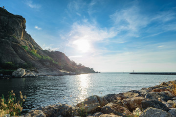 The Gulf of Thailand with surrounding mountains and beautiful skies in Thailand.
