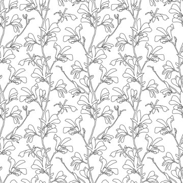 Seamless pattern with magnolia tree blossom. Floral background with branch and magnolia flower. Spring design with big floral outline elements. Hand drawn botanical illustration.