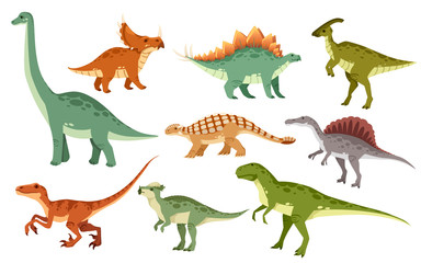 Cartoon dinosaurus set. Leuke dinosaurussen icoon collectie. Gekleurde roofdieren en herbivoren. Platte vectorillustratie geïsoleerd op een witte achtergrond