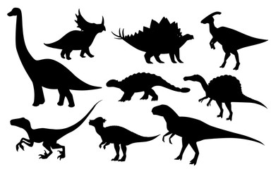 Cartoon dinosaur set. Cute dinosaurs icon collection. Black silhouette predators and herbivores. Flat vector illustration isolated on white background