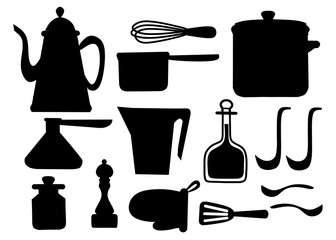 Black silhouette. Kitchen utensils set. Kitchenware, cookware, kitchen tools collection. Modern kitchen utensil icons in arabic style. Flat vector illustration isolated on white background