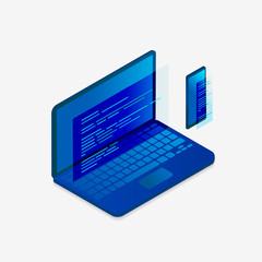 Web Development isometric concept, programming and coding. Laptop computer and mobile phone with virtual display screen code isolated on white background. Isometric vector illustration