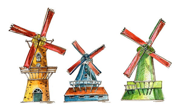 Set of colored windmills