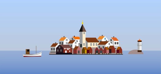 A fishing village with a church in the swedish west coast archipelago.