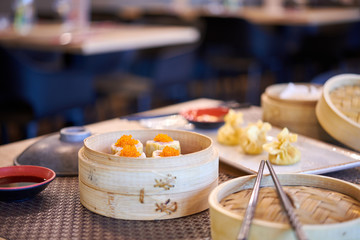 Dim Sum in Bamboo Steamed Bowl asian Restaurant