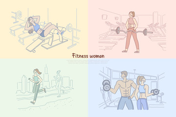 Woman working out in fitness club, bodybuilder training in gym, strong man lifting weights, girl jogging banner