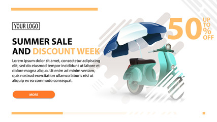 Summer sale and discount week, white web banner in modern style for your website with a scooter with a beach umbrella