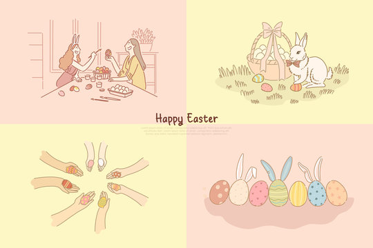 Eggs hunt, decoration, pysanka with multicolor traditional ornament, festive bunny near basket banner template
