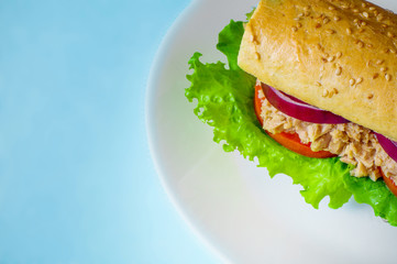 Tuna sandwich on white plate. Blurred blue background. Gradient. Free space.