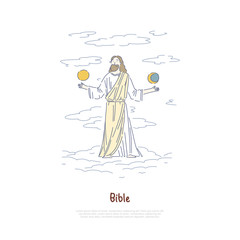 World creation myth, God holding sun and moon, legend and mythology book, religion and faith banner template