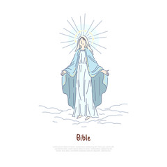 Virgin Mary, holy woman praying, saint in heaven, Jesus Christ Mother, biblical story character banner template