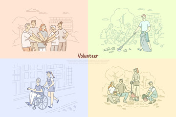 Volunteer group, social workers planting trees, cleaning park area, caregivers helping senior people banner template