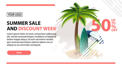 Summer sale and discount week, white web banner in modern style for your website with palm, coconuts, beach umbrella and surf Board