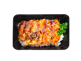 grill chicken with souse and rice  wth vegetable on plastic box for take home