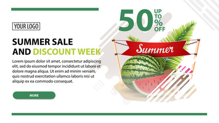 Summer sale and discount week, white web banner in modern style for your website with watermelon, coconut cocktail in coconut, sign with the inscription 