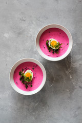 Typical summer season Eastern European kitchen dish - a cold beet soup on a dark background