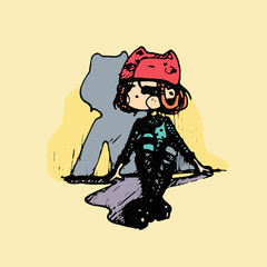 teenage girl in cute animal costume cartoon style. Hand-drawn multicolored vector illustration.