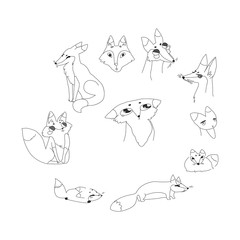 cute cartoon foxes set. black and white vector illustration