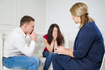 man complaining to marriage counselor on family therapy session. Family facing relationship difficulties