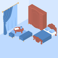 Flat isometric interior of bedroom, wooden furniture with classic design. Apartment, traditional living room decoration. Nightstand, bed and drawers. Wardrobe, mirror and ottoman