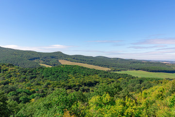 Scenic panoramic landscape, summer mountain valley with forests and fields