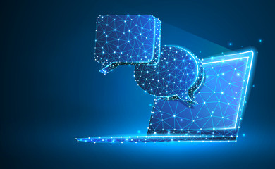 Chat clouds on notebook screen. Device, communication, dialog, text bubble concept. Abstract, digital, wireframe, low poly mesh, Raster blue neon 3d illustration. Triangle, line, dot, star