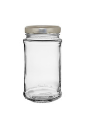 The empty glass jar closed by a metal cover on a white background