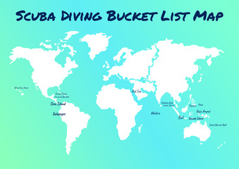 Fototapeta na wymiar map of scuba diving world best place. Bucket list for all diver