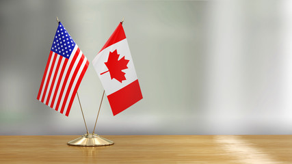 American and Canadian flag pair on a desk over defocused background 