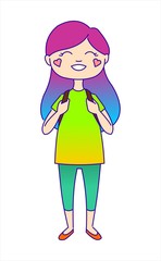 A girl with a backpack is standing and smiling. Schoolgirl. Rosy cheeks. Hearts on cheeks.