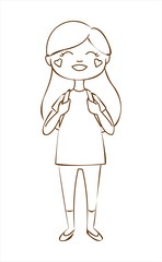 A girl with a backpack is standing and smiling. Schoolgirl. Rosy cheeks. Hearts on cheeks. Outline.