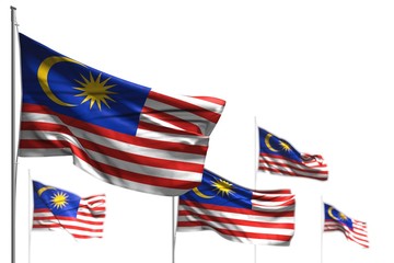 wonderful labor day flag 3d illustration. - five flags of Malaysia are waving isolated on white - photo with bokeh