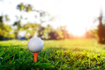 golf ball on tee in a beautiful golf course with morning sunshine
